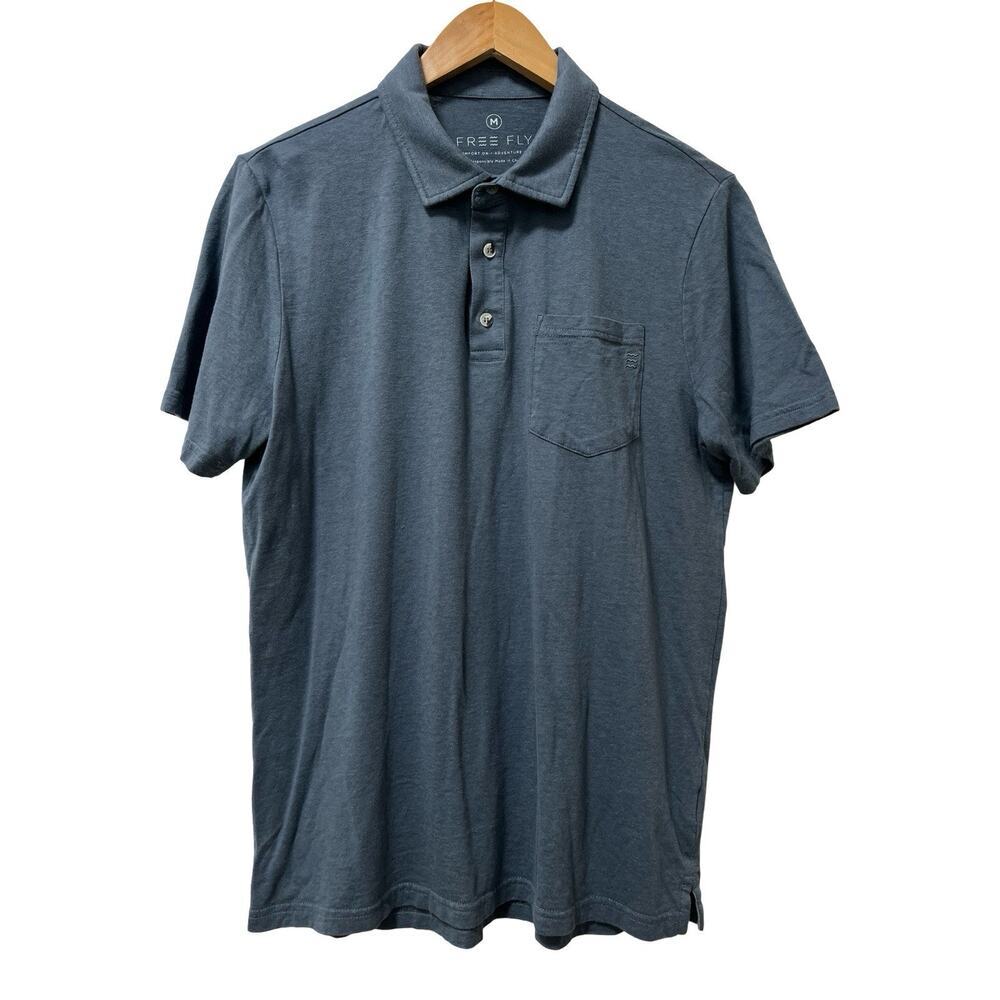 FREE FLY Mens Cotton Bamboo Blend Short Sleeve Polo Shirt Size M Blue Golf